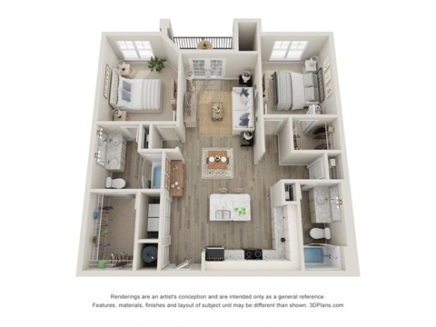 A 3D floor plan of a house with a kitchen, living room, and two bedrooms.